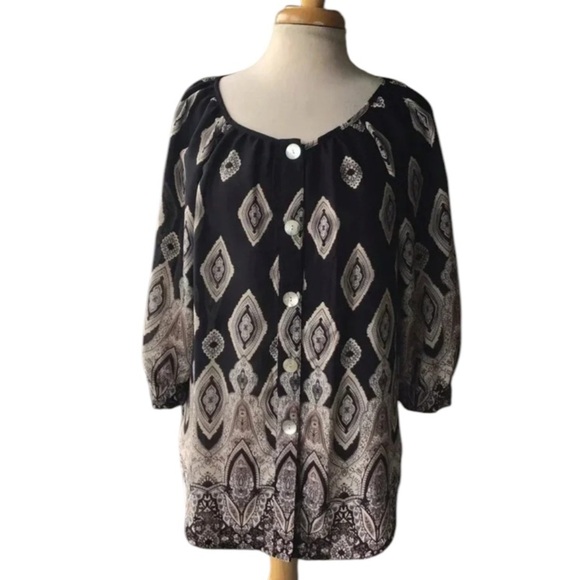 Anthro Fig & Flower button front tunic peasant blouse black paisley Size M - Picture 8 of 9